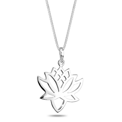 Elli - Collar talismán flor de loto en plata de ley 925, longitud 45 cm, tamaño pendiente 2.2 cm x 2.8 cm