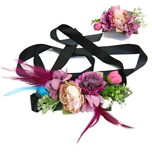 Ever Fairy moda flor cinturones de flores Conjunto de peine de pelo para mujer niña dama de honor vestido de satén cinturón boda fajas cinturón de la pluma tela elástica cinturón accesorios (B)