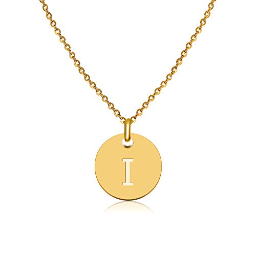 GD GOOD.designs EST. 2015 ® Collar con Letras en Oro, Colgante con Letra Inicial Redondo Chapado en Oro de 18K con Grabado en Relieve (Letra I)