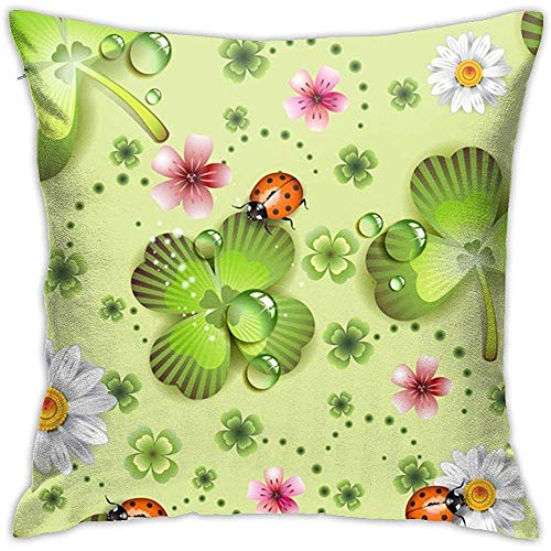Green Clover and Flowers Ladybug St. Patrick's Day Throw Cojín Funda Throw Pillow Case Doble Cara 45x45cm Interior Sofá Coche