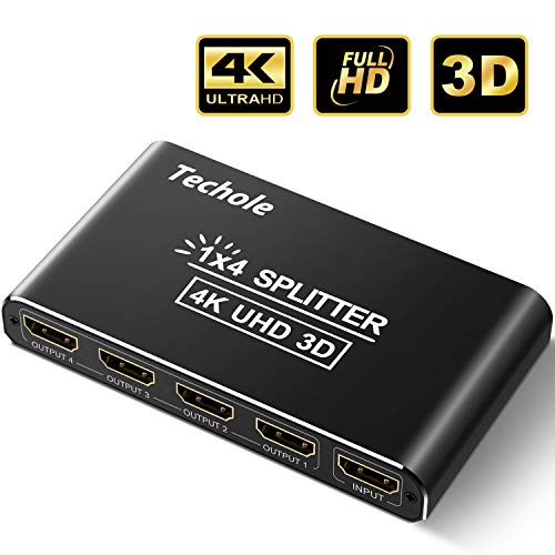 HDMI Splitter 1x4 Techole Splitter HDMI 4K, Aluminio Duplicador HDMI 1 Entrada 4 Salidas Soporta HDCP, 4K, 3D, 1080P, UHD, Divisor HDMI para Xbox, PS4, PS3, BLU-Ray, Firestick, HDTV, DVD, DVR