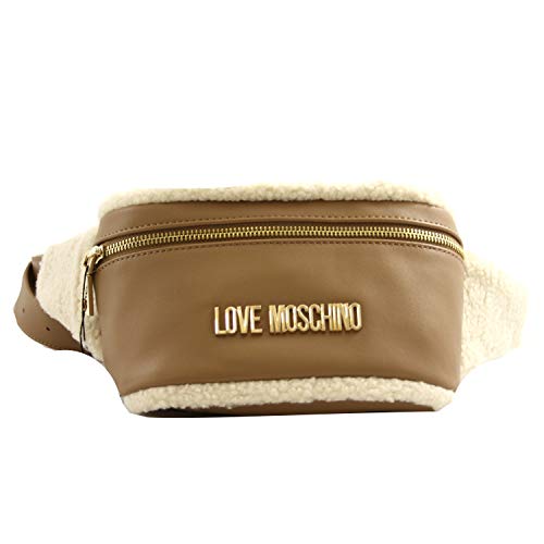 Love Moschino Bolso riñonera mujer piel marrón piel y eco lanetta blanca. Cinturón ajustable, bolsillos interiores, uno exterior y cierre con cremallera.