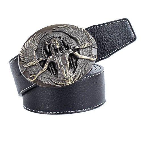 MagiDeal Cinturón de Estilo Vaquero Occidental/Vintage Étnico Correa de 120 cm - Negro, Hebilla patrón Indios - 8.6x6.2cm