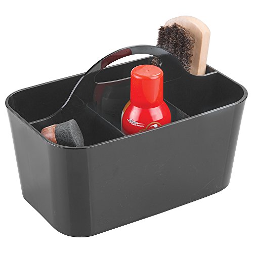 mDesign organizador plástico con 4 compartimentos para sus productos de limpieza de zapatos - Cesta organizadora provista de asa para un cómodo transporte - Color negro