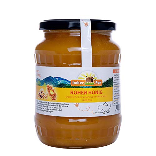 Miel cruda de ImkerPur, 1 kg, sin filtrar, no centrifugada o calentada, contiene polen de flores, cera de abeja, propóleos, pan de abejas y jalea real