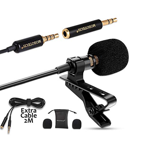 MOSOTECH Microfono Solapa, Omnidireccional Lavalier Microfono de Condensador con 2m (79") Cable de Extensión, Micro para Movil, Grabación Entrevista/Videoconferencia/Podcast/Dicción de Voz/Phone