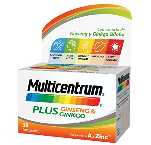 Multicentrum Plus complemento alimenticio con 13 Vitaminas, 8 Minerales, Ginseng y Ginkgo Biloba, Con Vitamina B1, Vitamina B6, Vitamina B12, Hierro, Vitamina C, Vitamina D, 30 Comprimidos