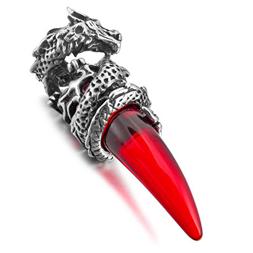 MunkiMix Acero Inoxidable Colgante Collar Simulado Cristal El Tono De Plata Rojo Dragón Lobo Diente Hombre,Cadena 58cm