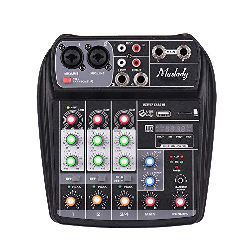 Muslady Consola de Mezcla Tarjeta de Sonido Compacta Mezclador de Audio Digital Entrada de 4 Canales BT MP3 USB + 48V Potencia Fantasma para Grabación de Música Red de DJ Transmisión en Vivo Karaoke