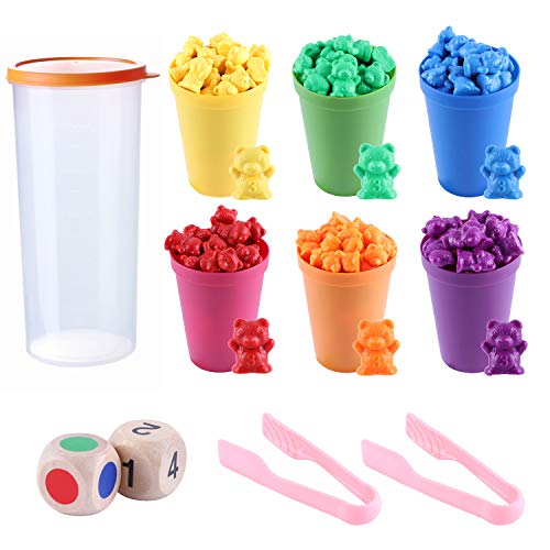 MYCeator - Juego de 71 piezas de osos de conteo de arcoíris con tazas de clasificación y pinzas a juego - Juego de juego de colores de Montessori Rainbow - Juguetes educativos para niños pequeños