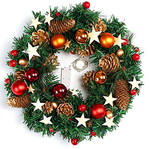 Naler Guirnalda de Corona de Navidad Puerta Decoración Navideña con Bolas Piñas Conos con Luz Blanca Cálida LED