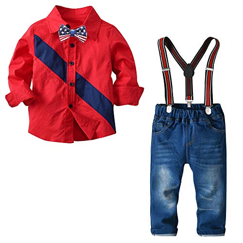 Nwada Traje de Niño Pequeño Ropa Acolchado Conjunto de Pascua Camiseta Americana Roja y Pantalon y Pajarita 1-2.5 Años