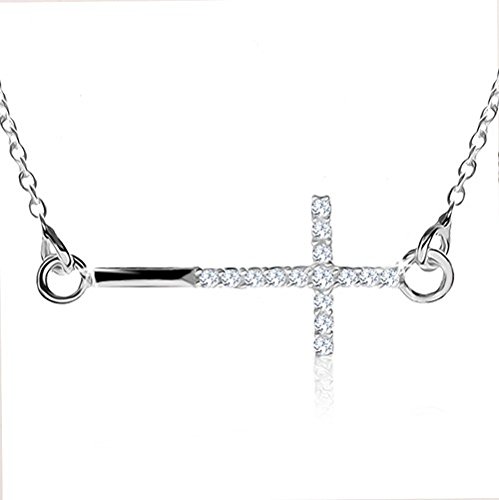 Ordoš Collar de diamantes con una delicada cadena, plata 925, una cruz latina, circonitas claras, un brillante collar para mujer, plata 925, piedras claras, sellado, 2,1 g