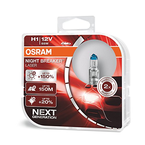 OSRAM NIGHT BREAKER LASER H1, Gen 2, +150% más luz, bombillas H1 para faros delanteros, 64150NL-HCB, 12V, duo box (2 lámparas)