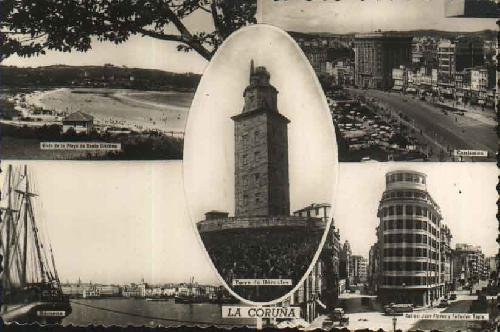 Postal Antigua - Old Postcard : La Coruña - Dársena - Vista de la Playa de Santa Cristina - Cantones - Calles Juan Florez y Federico Tapia - Torre de Hércules