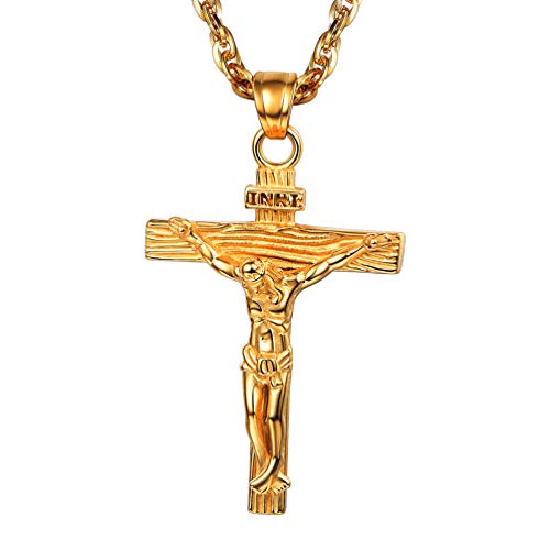 PROSTEEL Cadena Hombre Grabado Dorado con Colgante Cruz Crucifijo Jesús Inri Acero Chapado en Oro …