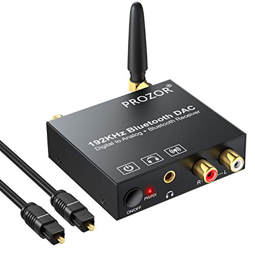 PROZOR - Conversor de audio digital a analógico 192 kHz con receptor Bluetooth 5.0 DAC convertidor digital coaxial Toslink a estéreo analógico L/R RCA 3,5 mm adaptador de audio Toslink óptico a 3,5 mm