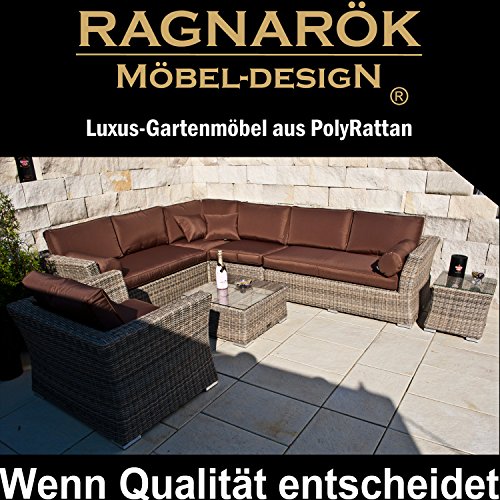 Ragnarök-Möbeldesign - Conjunto de Muebles de jardín, Incluye Cristal y Cojines, Color Natural, Aspecto de Mimbre Circular