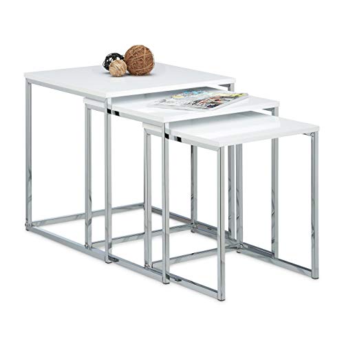 Relaxdays – Conjunto de 3 mesas auxiliares, madera y metal, diseño moderno, 42 x 40 x 40 cm, se pueden colocar uno sobre otro, color blanco