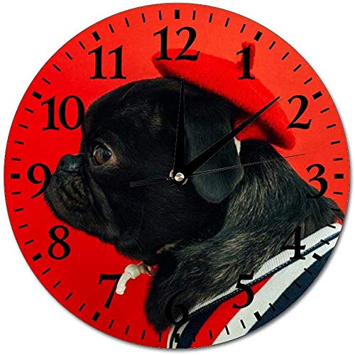 Relojes de Pared Pug Cervatillo Negro con Camisa de Rayas Blancas y Rojas Reloj de Pared de Vidrio Redondo, Relojes de decoración de Pared
