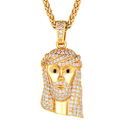 Richsteel Figura Jesús Cristo de Oro baño Colgante Collar Dorado Collar de Acero Inoxidable Cadena Diamantes de imitación, Regalo para Navidad Cumpleaños Fiesta