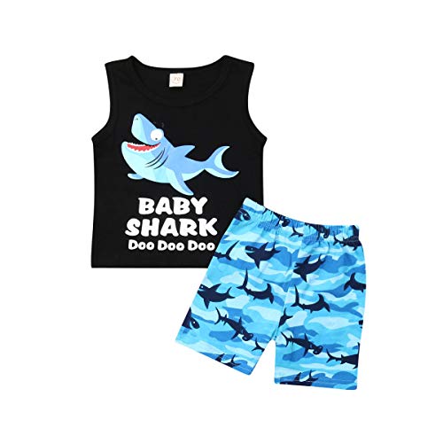 Ropa de Verano para bebés y niños pequeños 2 Piezas Conjunto de Pantalones Cortos de algodón con Estampado de tiburón Lindo Conjunto de Pantalones Cortos (Black, 0-6 Months)