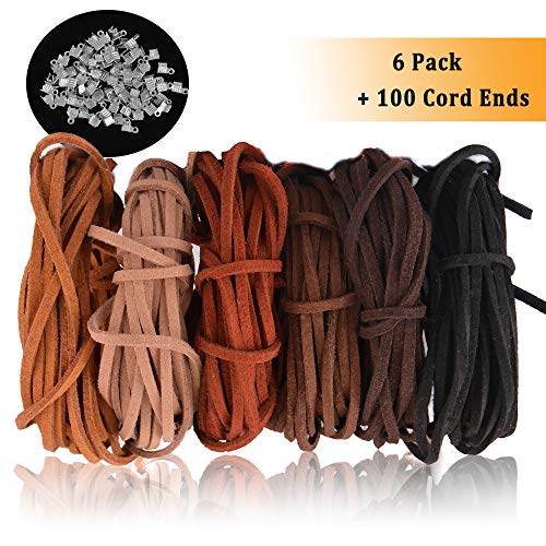 SOSMAR - Cordones de piel para hacer joyas, cuerda de piel de ante, para hacer pulseras, atrapasueños, manualidades, con 100 extremos de cordón 6 colores x 5 m.
