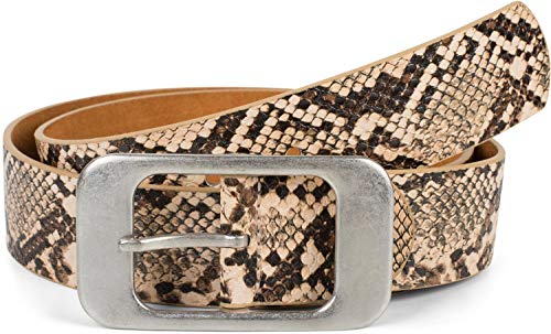 styleBREAKER cinturón de mujer en óptica de piel de serpiente con una gran hebilla rectangular, acortable 03010101, tamaño:85cm, color:Beige-Marrón