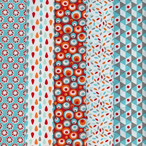 Textiles français Stoffpak bundle de telas - 5 telas: turquesa y rojo con azul agua, naranja, gris pardo y blanco - colección de telas ‘soñar con colores’ | 100% algodón | 50 cm x 40 cm