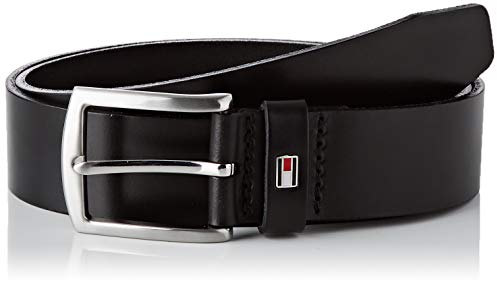 Tommy Hilfiger Denton C Cinturón con Hebilla Redondeada Plateada y Logo, Negro (Black), 90 cm para Hombre