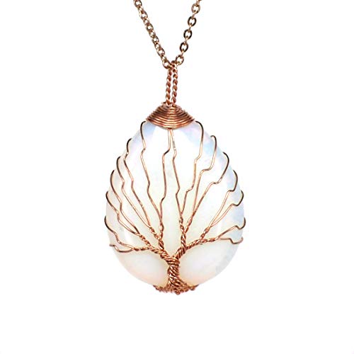 ULGAI Collar de Cristal Envuelto en árbol de la Vida, Colgante de Piedras Preciosas Naturales en Forma de lágrima Vintage, Collar curativo con múltiples Opciones