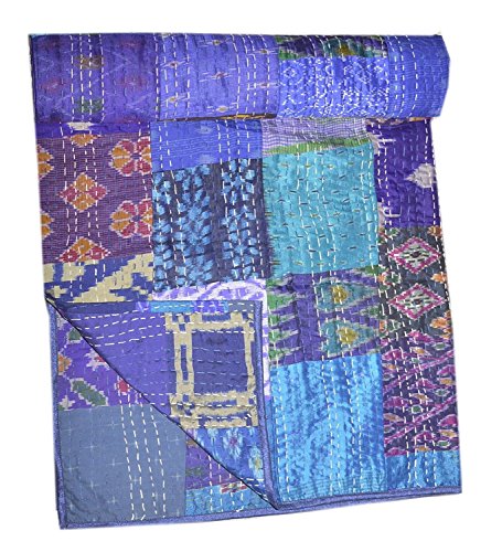 Vintage Silk Patola Kantha - Colcha de patchwork, tamaño Queen, color azul (Royal Blue)