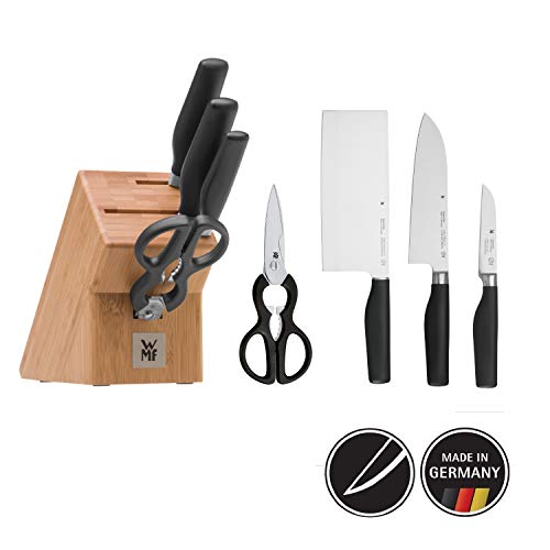 WMF Cuisine One Asia - Juego de cuchillos con soporte (5 piezas, 3 cuchillos forjados, tijeras, bloque de madera de haya, hoja de acero especial, Performance Cut)