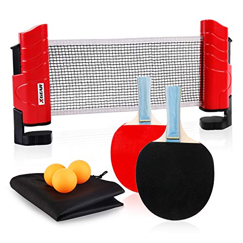 XGEAR Juego de Ping Pong con 2 Raquetas + 3 Bolas Pelotas Tenis de Mesa + 1 Red Retráctil + 1 Bolsa Conjunto de Pingpong Set Portátil para Interior al Aire Libre Regalo (Rojo Clásico)