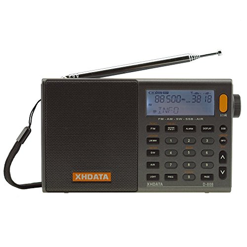 XHDATA D-808 Portable Alarm Clock Radio FM SW MW LW SSB RDS Air Band World Band Digital Receiver with LCD Display & External Antenna & Rechargeable Battery & Stereo Sound (D-808)