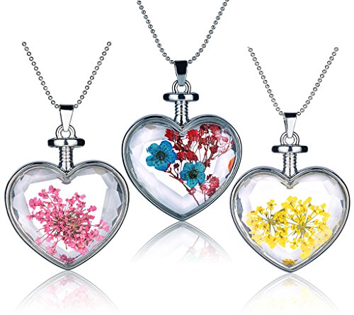 yumilok 3pcs Rojo/Amarillo/Azul Real seco flores muestra transparente cristal aleación corazón botella colgante collar para las mujeres/niñas