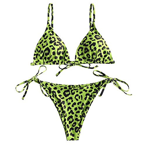 ZAFUL - Bikini acolchado con estampado de leopardo para mujer, sexy, triángulo de copa con tirantes de espagueti, bikini, bañador de verano verde S