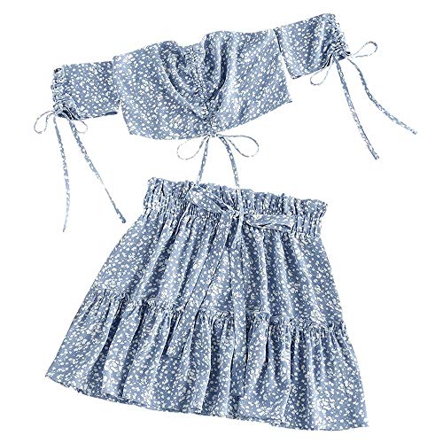 ZAFUL - Vestido de dos piezas para mujer, estampado Ditsy, sin hombros, con espalda descubierta, falda con volantes, top y minifalda azul S