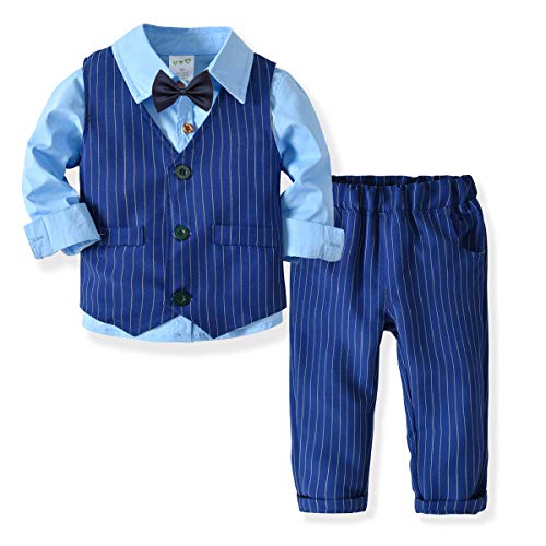 ZOEREA 3 Piezas Trajes de Bebés Niños Chaleco + Camisa con Pajarita + Pantalones Niño Caballeros Bautismo Boda Bautizo Patrón de Rayas Azules Conjuntos de Ropa Azul, Etiqueta 130
