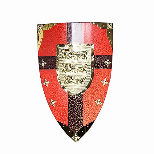 ZoSiP Malta Caballero Decorativo Escudo 48x72cm Rojo frío Chapa laminada en Placa de la Pared Medieval Escudo Tres Leones de Oro Escultura de la Pared de la decoración Escudos Medieval Juguete