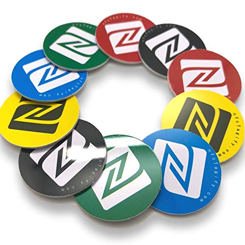 10 NFC Tags | NXP Chip NTAG215 | memoria de 504 bytes | Etiquetas Redondas |Colores mezclados | PVC duro y Pegamento 3M | alta potencia de escaneo | Mismo chip con Tagmo Amiibo.