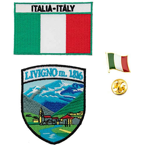 A-ONE Paquete de 3 parches con emblema de Livigno+parche bordado de la bandera de Italia+pin de solapa italiano, recuerdo de viaje europeo, broche de bandera del mundo y parches de aguja.