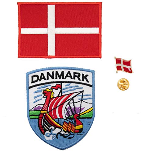 A-ONE Paquete de 3 piezas - Parche escudo de dragón de Dinamarca + insignia bordada de la bandera de Dinamarca + pin de solapa, parche de escudo, pin de emblema