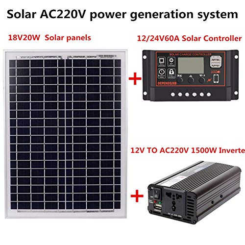 Adminitto88 Sistema de generación de energía Solar - AC220V 1500W 18V20W Panel Solar + Controlador Solar + Equipo inversor Equipos y Suministros eléctricos Generador y Suministros
