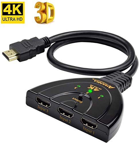 AMANKA HDMI Switch Conmutador HDMI 3D 4K, HDMI Switch 3 en 1 Compatible PS4 PS3 Xbox Switch Chromecast DVD BLU-Ray Decodificador Movistar Receptor Satélite PC TV y Más HDMI Aparatos