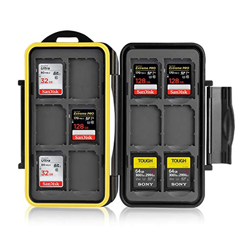 Ares Foto® Estuche impermeable Anti-choque para tarjetas de memorias 12 x tarjetas SD. Recubrimiento de goma de alta calidad: Protección perfecta contra la humedad.