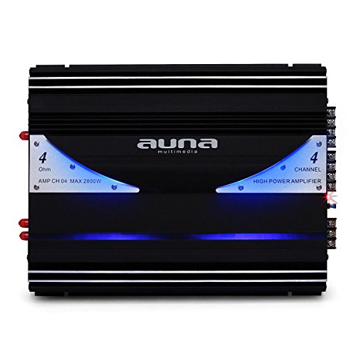 Auna AMP-CH04 Urban Edition - Amplificador para Coche HiFi, 2800W, 380 W RMS, 4 Canales, luz LED Azul, RCA, Kit Completo de Montaje, Negro