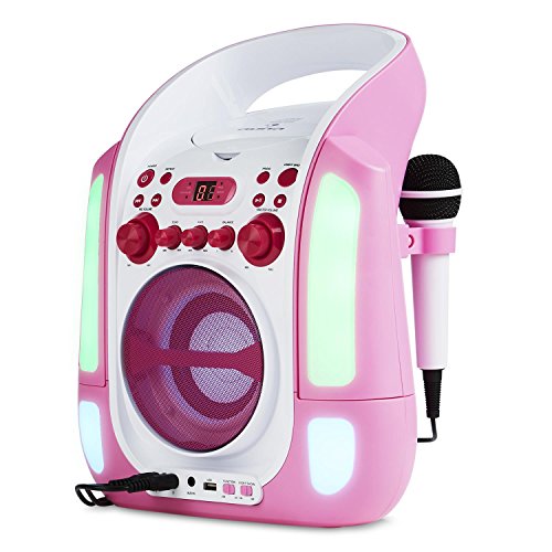 auna Kara Illumina - Equipo de Karaoke , Reproductor de CD y MP3 , Puerto USB , Entrada AUX , Salida de Video RCA , 2 x micrófonos 6,3 mm , Iluminación LED , Regulador Volumen , Color Rosa