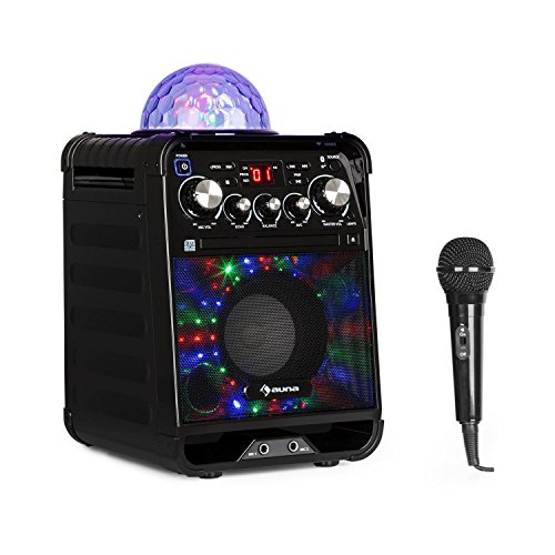 auna Rockstar - Karaoke, Equipo de Sonido pequeño, Equipo de Karaoke, Bola de Luces LED, AVC, Efecto Eco, Bluetooth, Peso Total: 3,1 Kg, CD, CD-R y CD-RW, Robusto, Negro