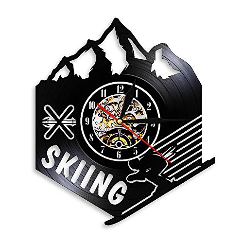BFMBCHDJ Invierno Nieve Montaña Esquí Alpino Reloj de Pared de Vinilo Deportes Snowboard Entretenimiento Disco de Vinilo Reloj Arte de Pared A4 Sin LED 12 Pulgadas